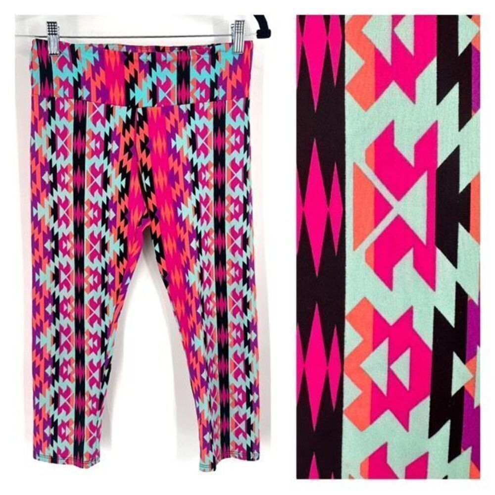Onzie Aztec Southwestern Tribal Cropped Leggings Colorful Medium Large Pink Blue